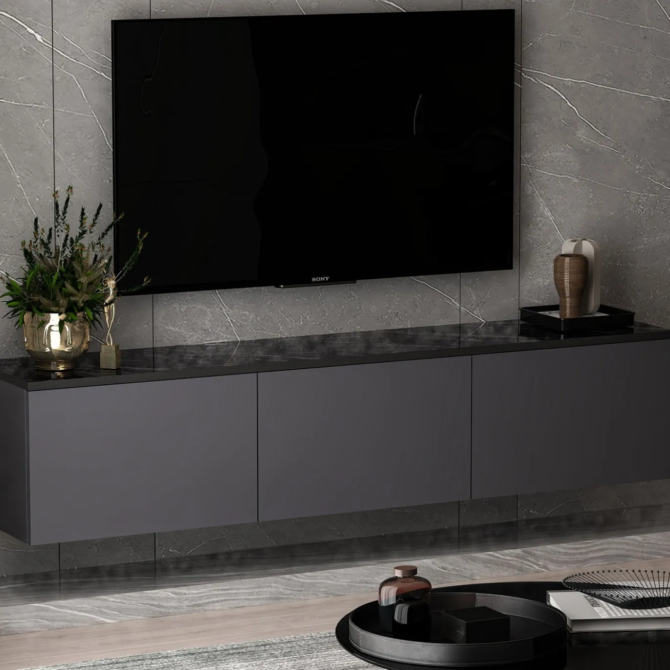 Zwevend Tv-meubel Neon Antraciet 160cm