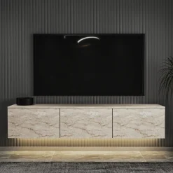 Zwevend Tv-meubel Neon Illuminated Travertinlook 160cm
