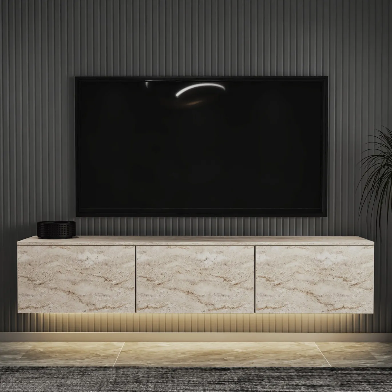 Zwevend Tv-meubel Neon Illuminated Travertinlook 160cm