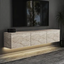 Zwevend Tv-meubel Neon Illuminated Travertinlook 160cm
