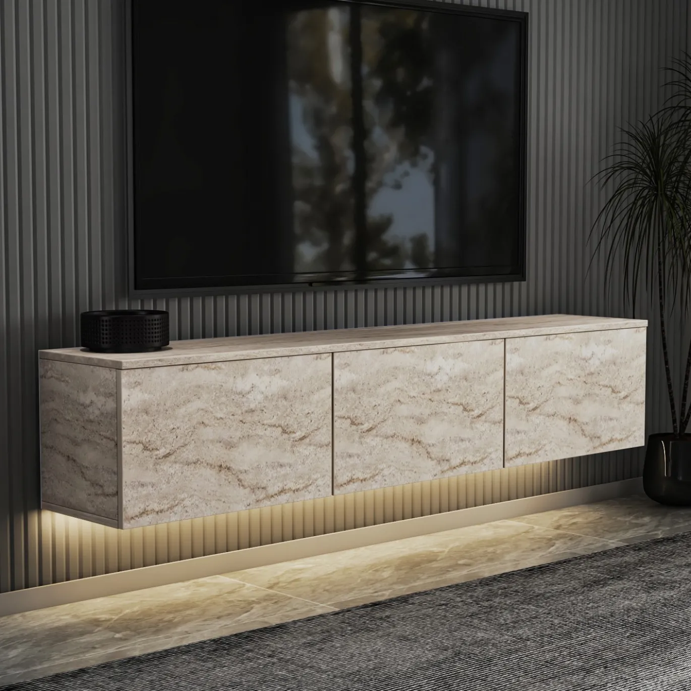 Zwevend Tv-meubel Neon Illuminated Travertinlook 160cm